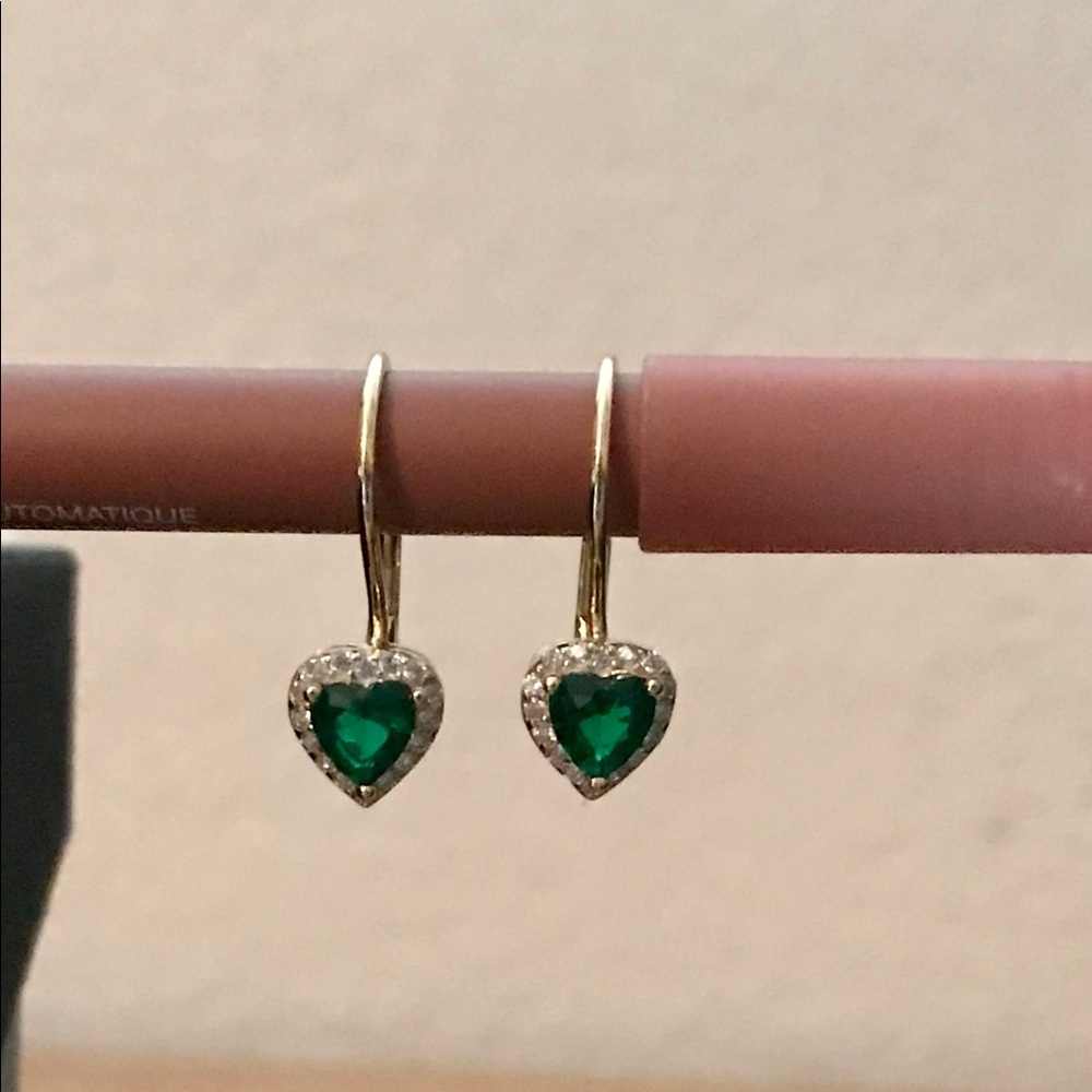 Gold green heart earrings